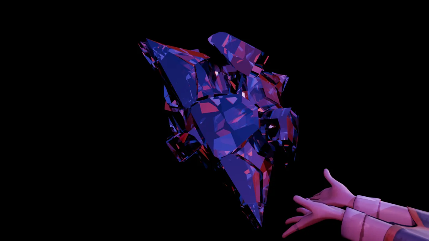 Purple crystalline object held above a hand