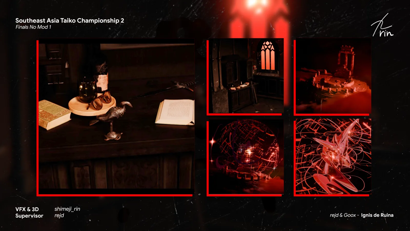 Presentation board showing the environment and visual effects for Ignis de Ruina