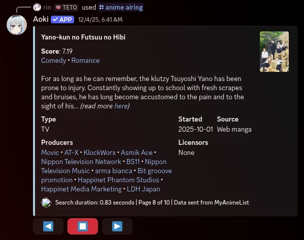 Aoki Discord bot displaying an anime search result